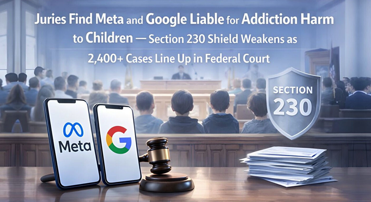 Juries Find Meta and Google Liable for Addiction Harm to Children — Section 230 Shield Weakens as 2,400+ Cases Line Up in Federal Court